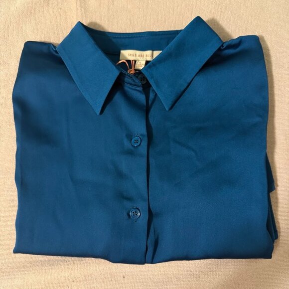 Skies Are Blue Tops - *NWT* Skies are Blue Long Sleeve Button Blouse Silk-Like Dark Teal Blue